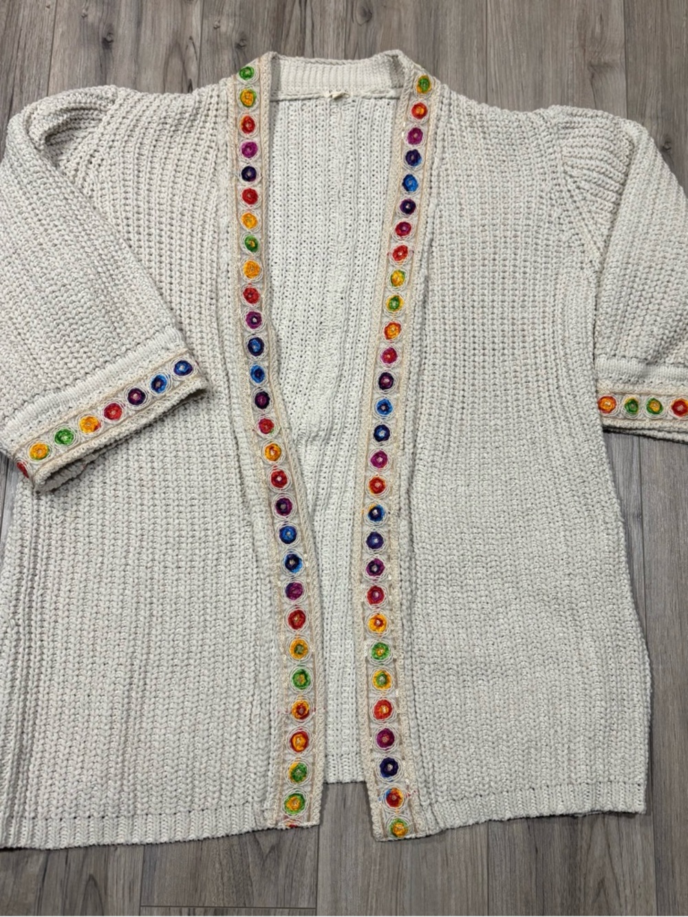 POL Cream Knit Cardigan with Multicolor Gem Trim Accents